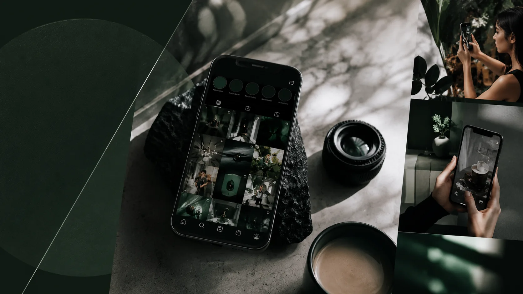 Instagramのフィードを表示したスマートフォンと撮影機材
