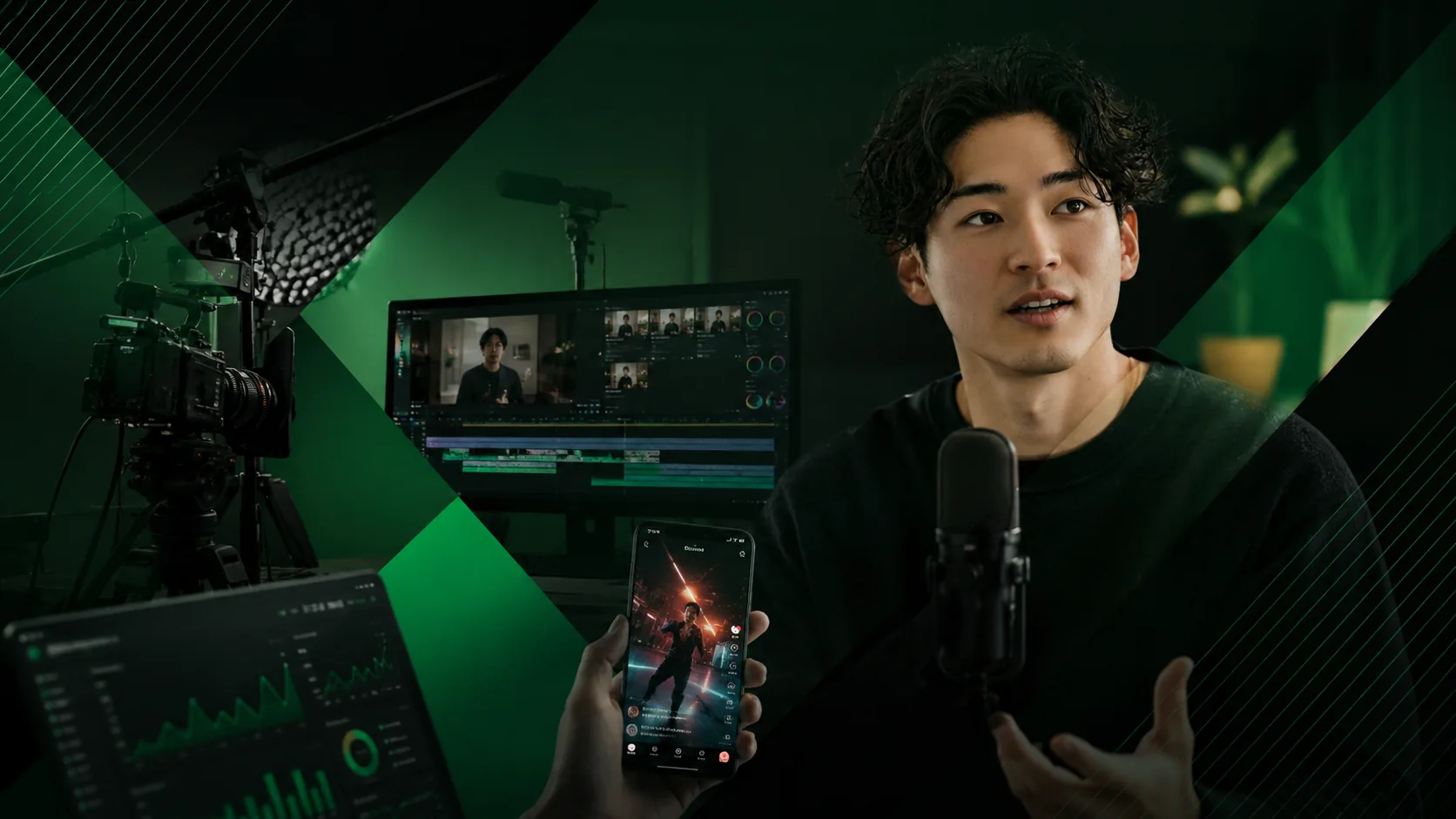 スタジオで縦型動画を撮影しながら話すクリエイター